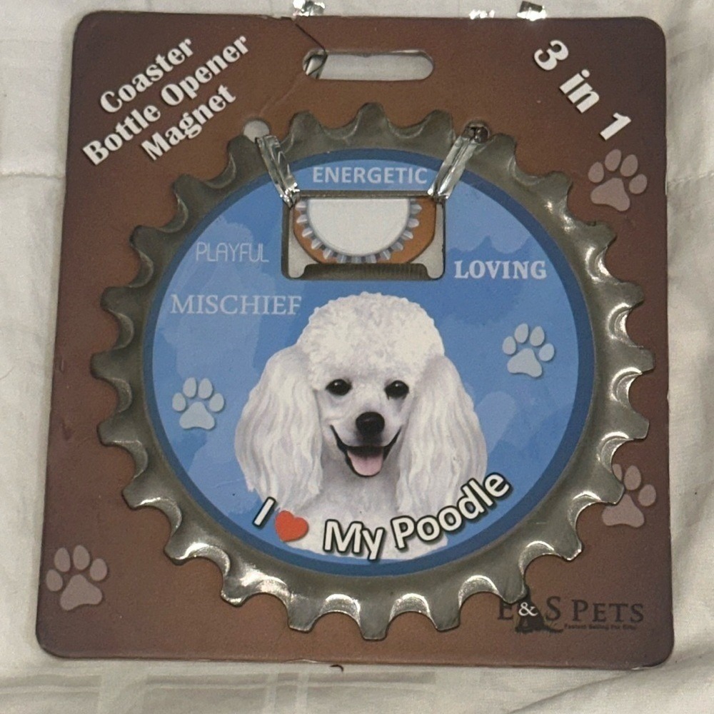 E&S Pets I Love My Poodle 3-in-1 Coaster Bottle Opener Magnet White Dog Gift